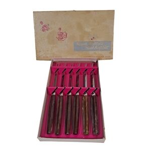 Vintage Regent Sheffield Steak Knife Set With Original Box Set Of 6 Brown